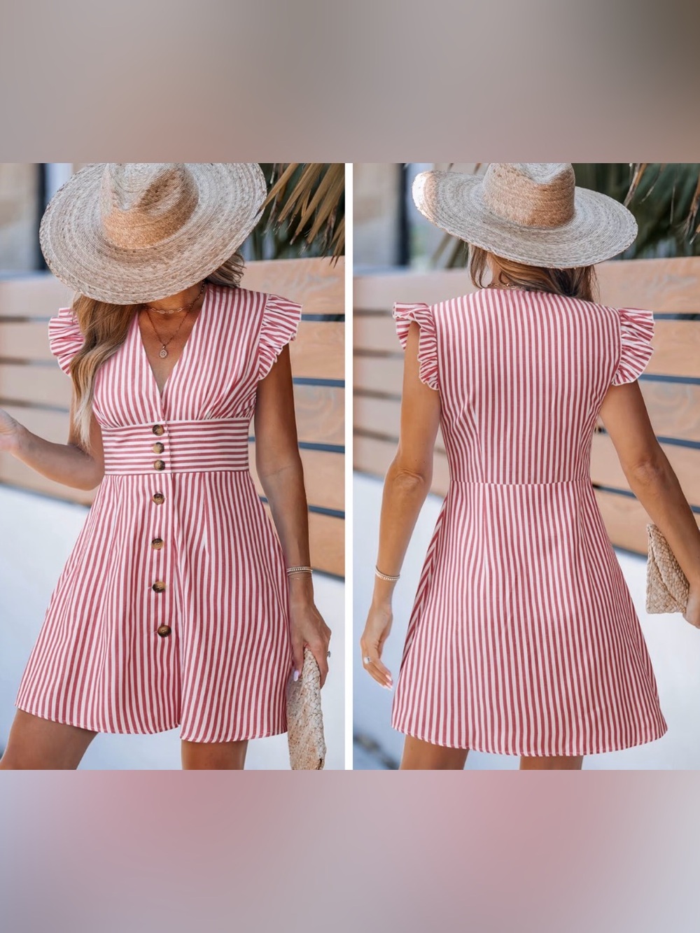 NWT Cupshe Red White Striped V-Neck Ruffle Sleeve Button Front Mini Dress Small
